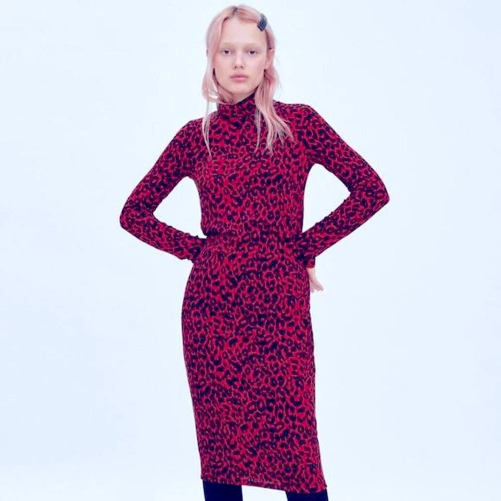 Zara Trafulac Leopard Print Turtleneck Midi Dress